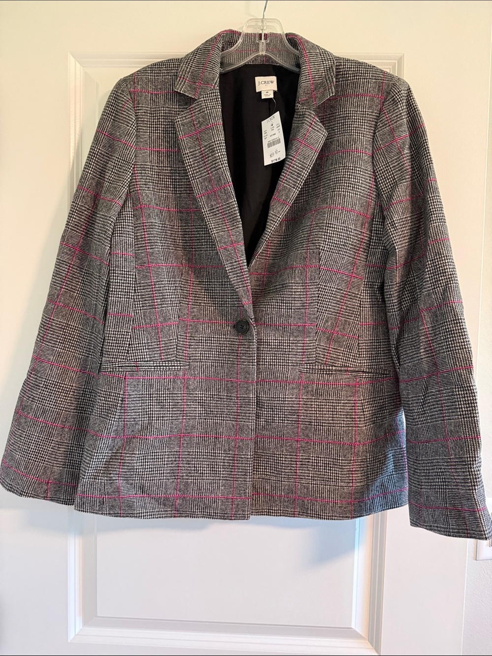J. Crew Gray Plaid Blazer with Pink Windowpane Accents